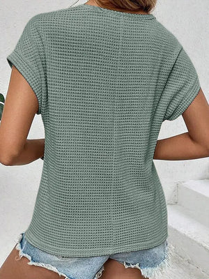 Mist Green Lace Patchwork Waffle Top