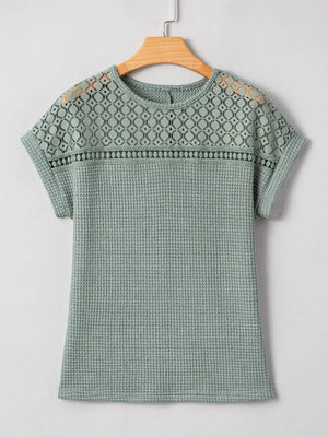 Mist Green Lace Patchwork Waffle Top