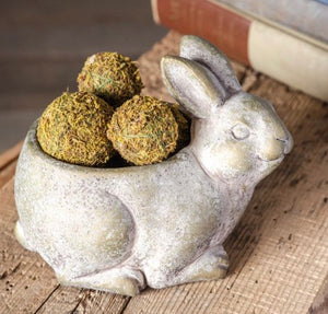 Decorative rabbit-shaped cement planter with moss balls on a wooden surface