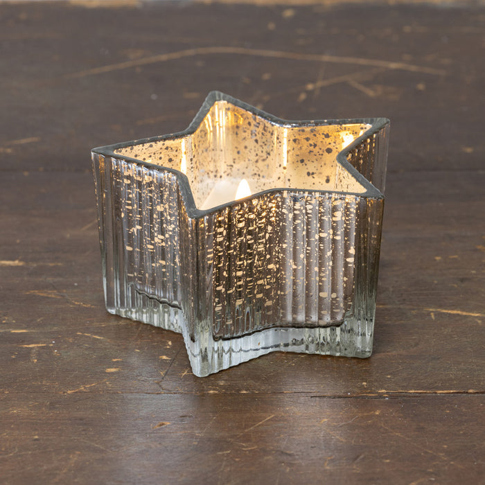 5.5" Silver Mercury Glass Star 3D Flame Candle