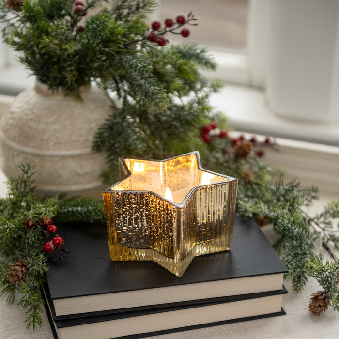5.5" Gold Mercury Glass Star 3D Flame Candle