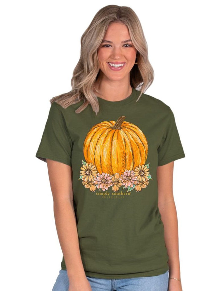 Simply Southern Tee - Flower Pumpkin-Military Green