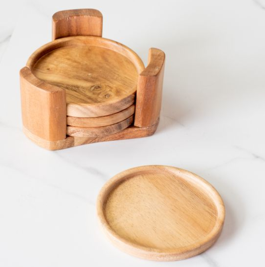 Set/4 Wood Coasters with Stand