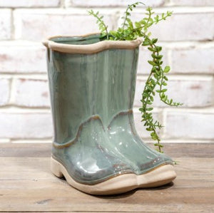 ceramic boot flower pot Teal Rain Boots Ceramic Planter for Indoor Plants – Kimco for the Home