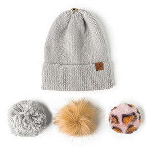 Mix Match Snap On Pom Beanie Grey