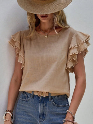 Khaki Ruffle Sleeve Blouse
