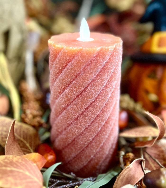 Moving Flame LED Candle Orange Swirl Frosted 3x6"