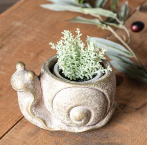 Snail-shaped cement planter with a small plant on a wooden surface
