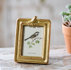 Gold picture frame with bird accent on a marble surface