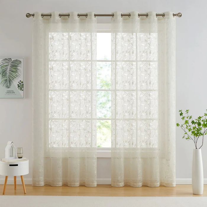 54x84 Joyce Floral Semi-Sheer Grommet Curtain Panels Ivory