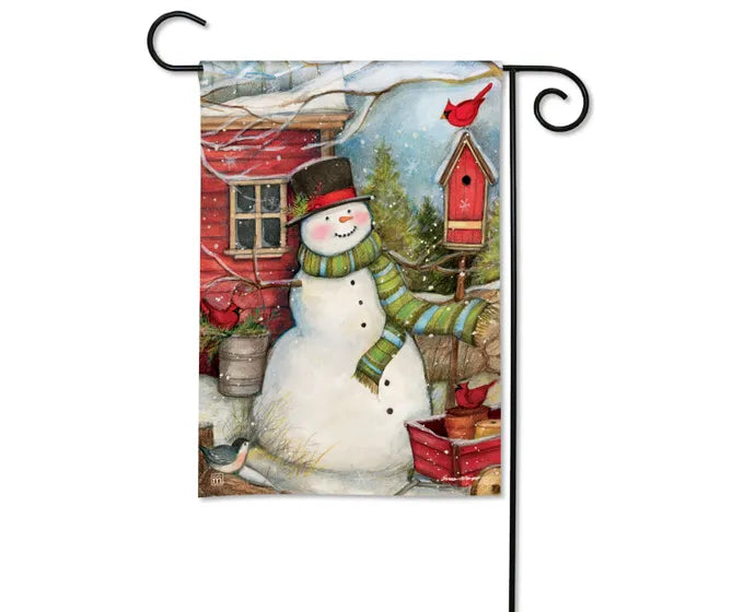 Garden Flag - Red Barn Snowman