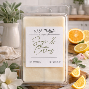 Soy wax melts labeled Sage & Citrus with kitchen background and accents of lemons and a pitcher of sage leaves.