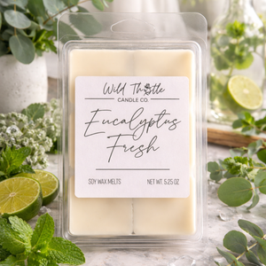 Eucalyptus Fresh soy wax melts packaging with greenery in the background