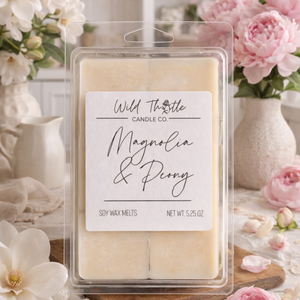 Pack of Wild Thistle Candle Co. Magnolia & Peony soy wax melts with floral background