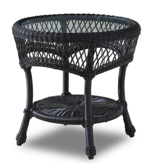 Wicker Side Table - Round with Glass Top -Ebony