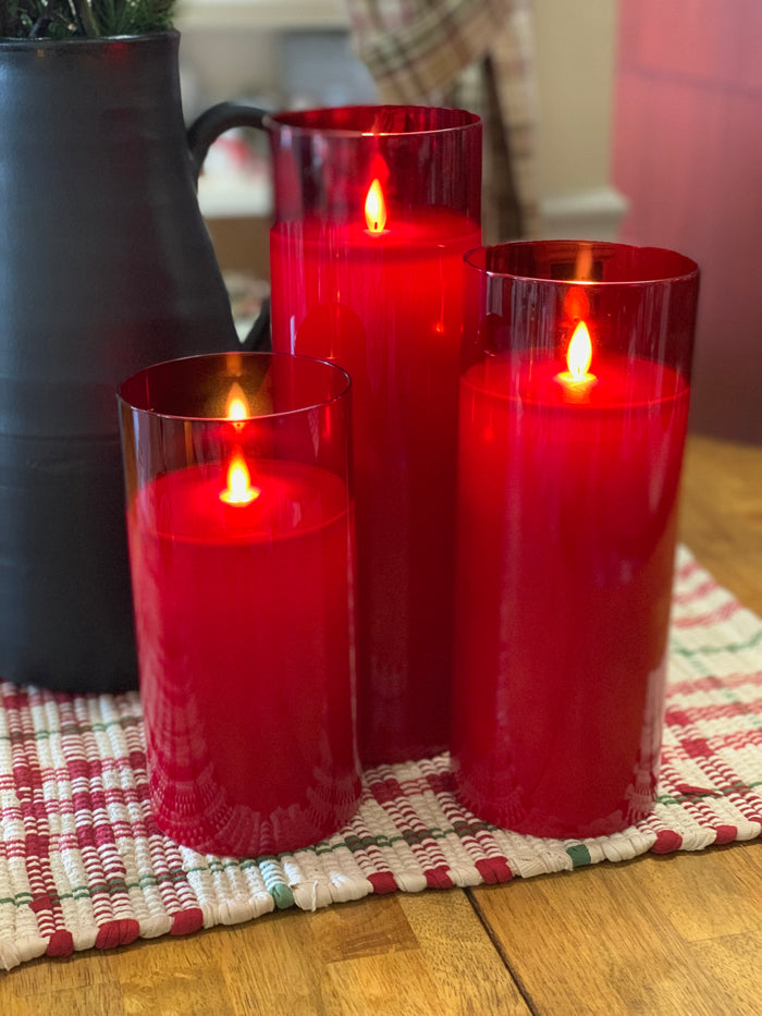 Moving Flameless Wax Candles in Glass Pillar - Set of 3 Red