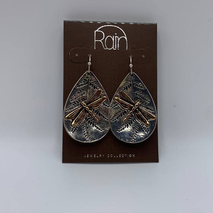 Earrings - Two-tone Fern Pattern Dragonfly