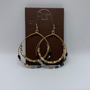 Earrings - Gold & Blue Dbl Beaded Wire Circle